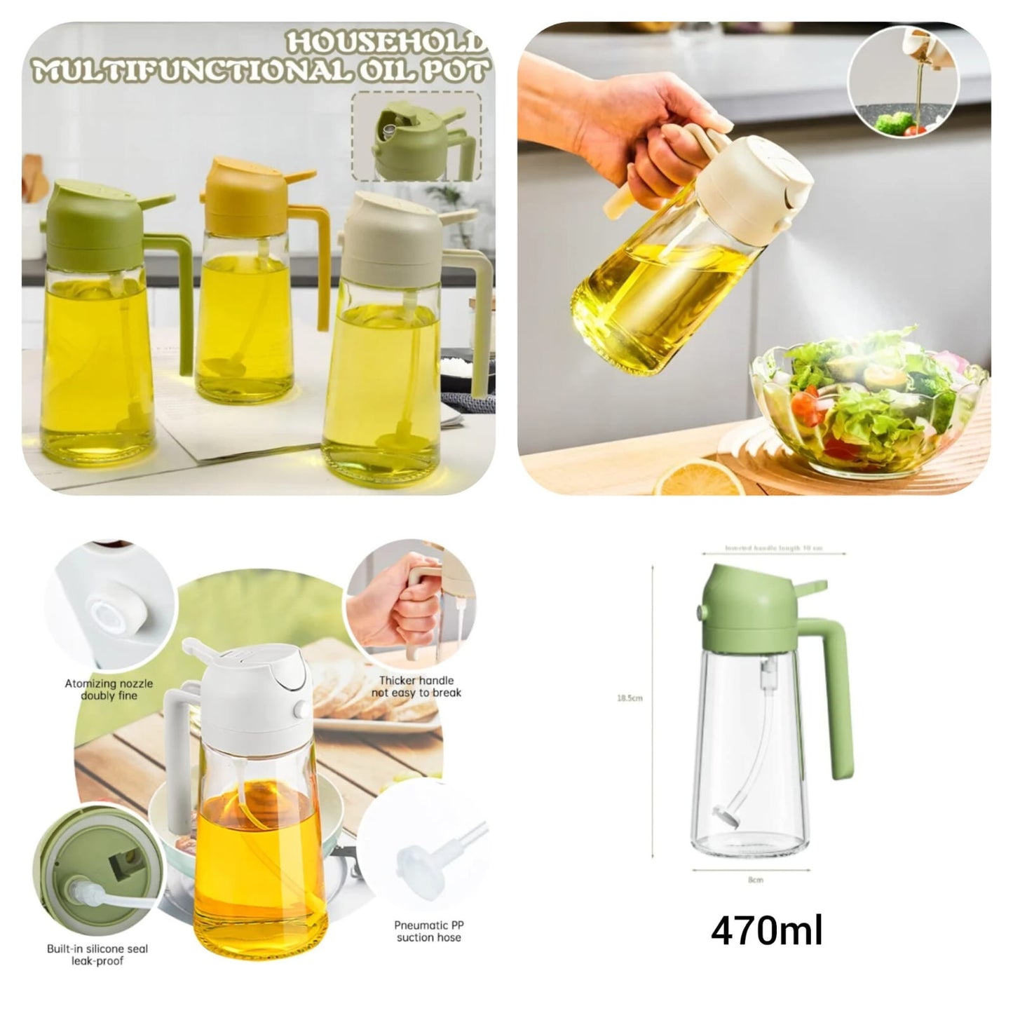 2-in-1 Glass Oil Spray Bottle 470ml | Adjustable Oil Mister & Dispenser for Air Fryer, BBQ & Cooking