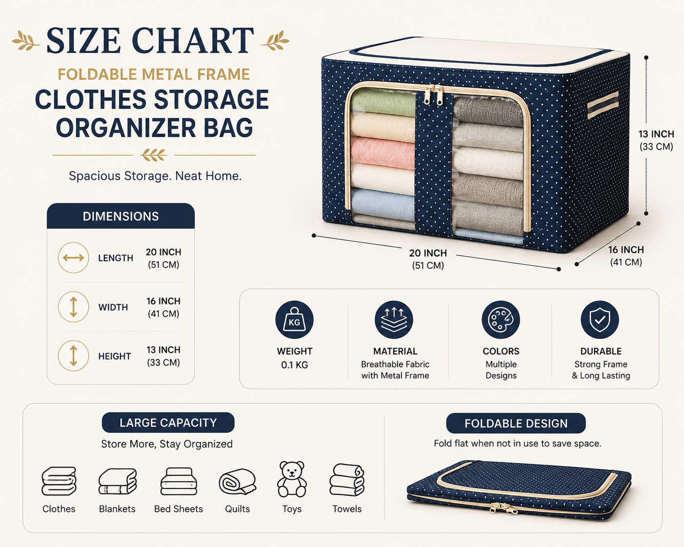 Foldable Metal Frame Clothes Storage Organizer Bag