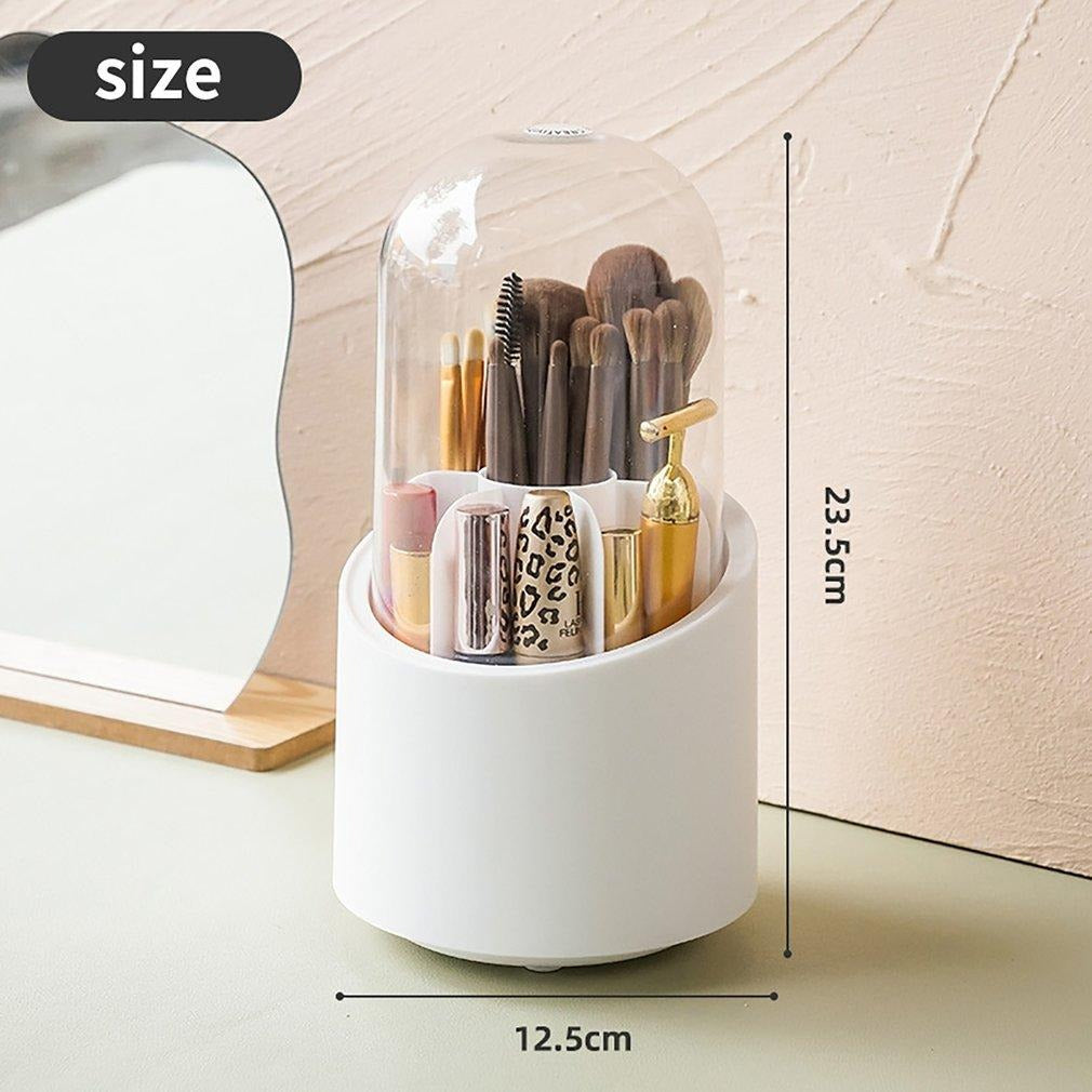 360° Rotating Makeup Brush Organizer with Dustproof Cover | Acrylic Cosmetic Storage Box for Brushes, Lipsticks & Beauty Essentials
