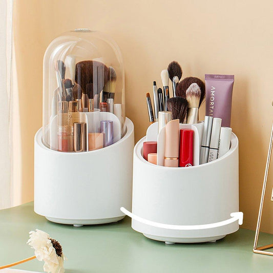 360° Rotating Makeup Brush Organizer with Dustproof Cover | Acrylic Cosmetic Storage Box for Brushes, Lipsticks & Beauty Essentials