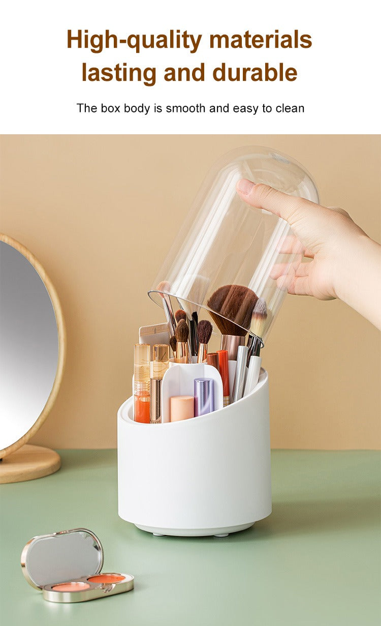 360° Rotating Makeup Brush Organizer with Dustproof Cover | Acrylic Cosmetic Storage Box for Brushes, Lipsticks & Beauty Essentials