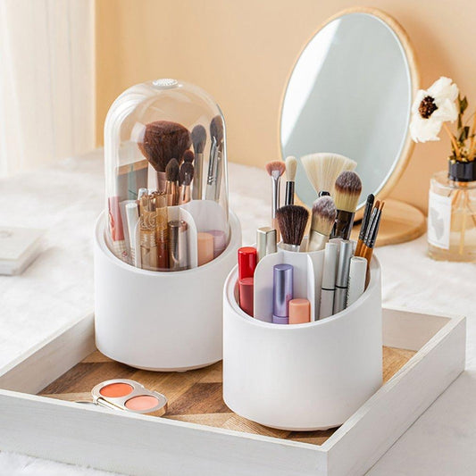 360° Rotating Makeup Brush Organizer with Dustproof Cover | Acrylic Cosmetic Storage Box for Brushes, Lipsticks & Beauty Essentials