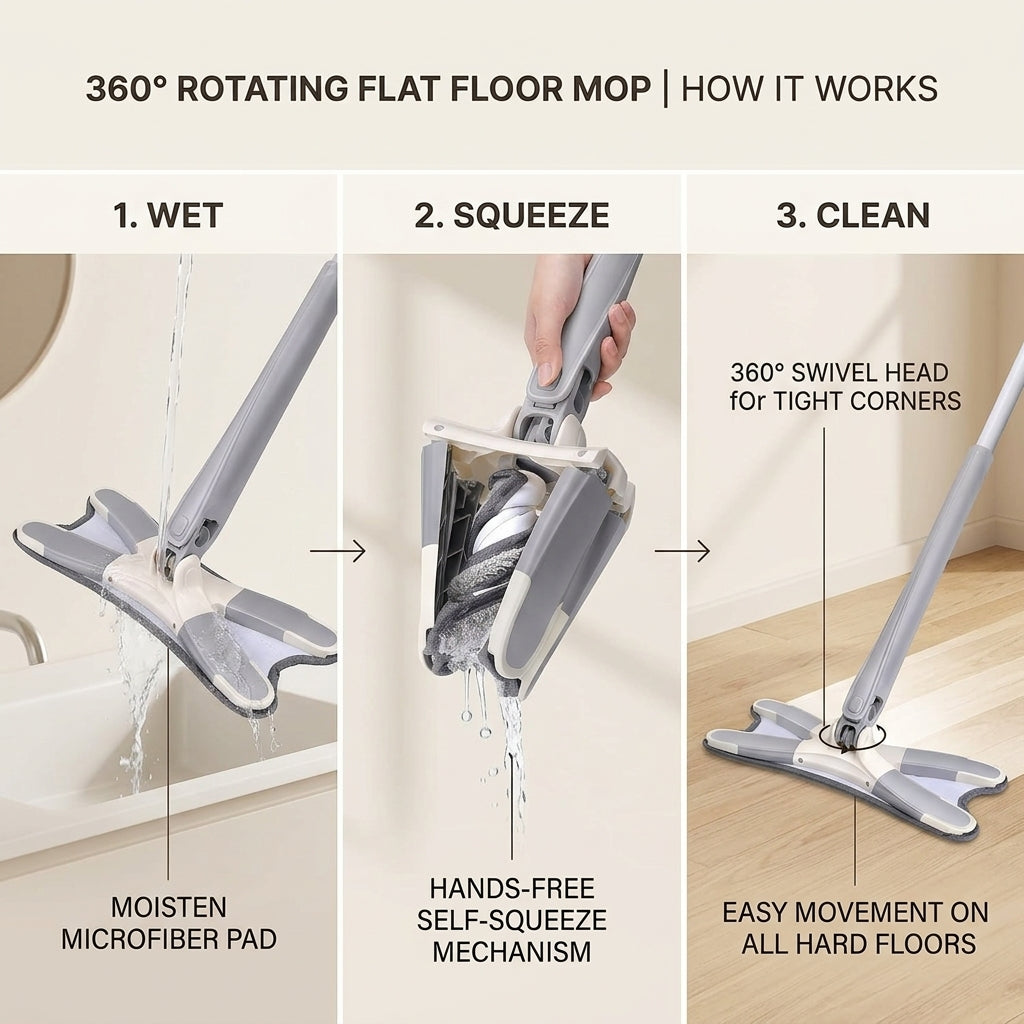 360° Rotating Flat Floor Mop | Hands-Free Self-Squeeze Microfiber Mop