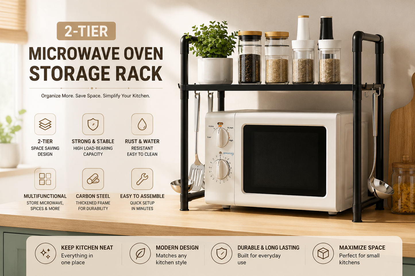 2-Tier Microwave Storage Rack | Heavy-Duty Carbon Steel Kitchen Organizer