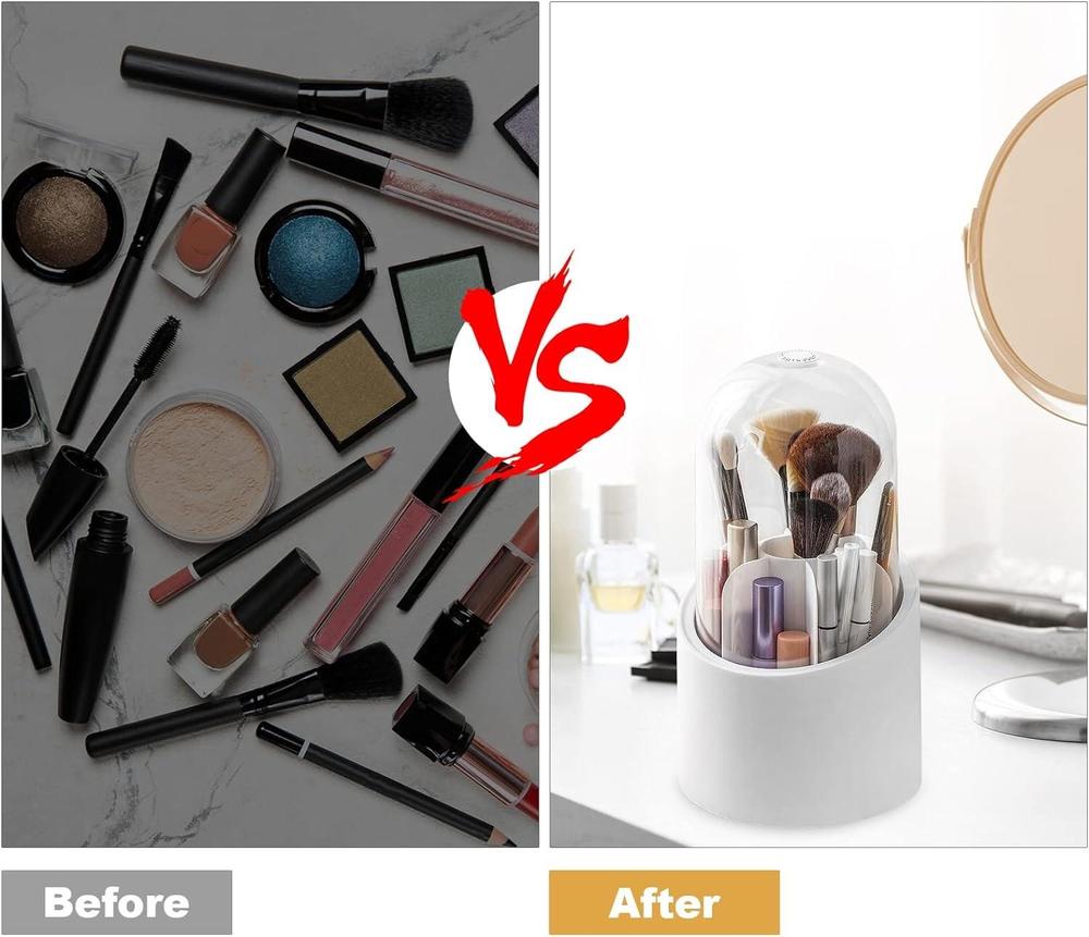 360° Rotating Makeup Brush Organizer with Dustproof Cover | Acrylic Cosmetic Storage Box for Brushes, Lipsticks & Beauty Essentials