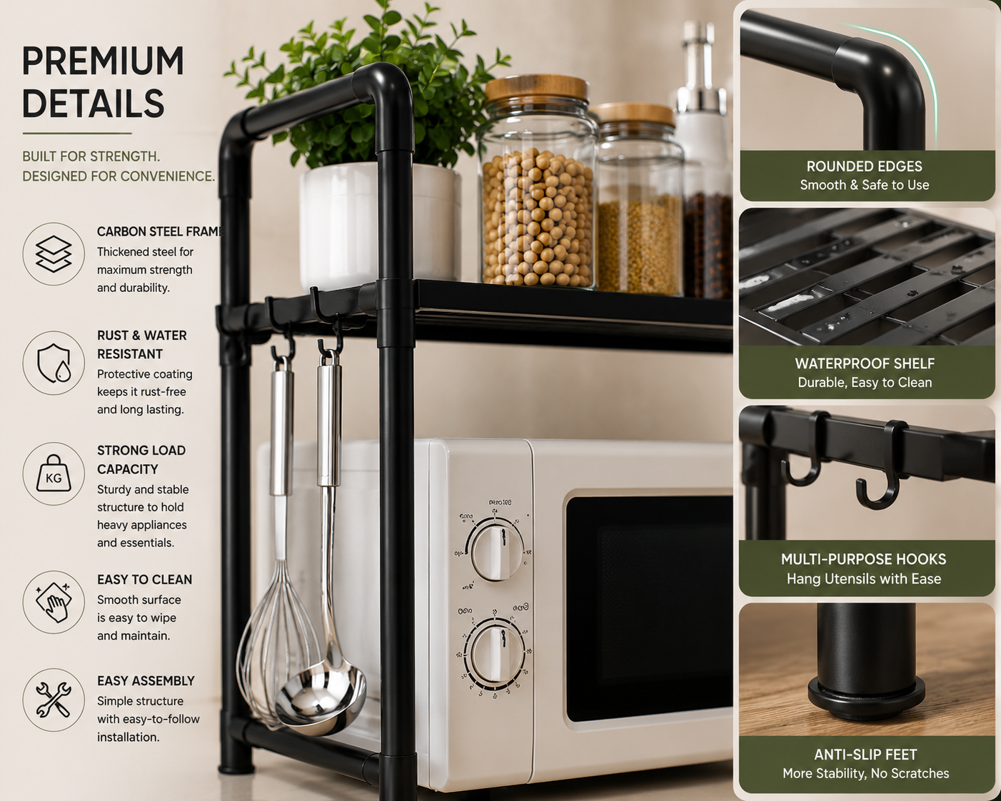 2-Tier Microwave Storage Rack | Heavy-Duty Carbon Steel Kitchen Organizer