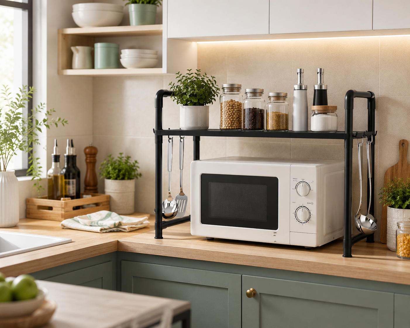 2-Tier Microwave Storage Rack | Heavy-Duty Carbon Steel Kitchen Organizer