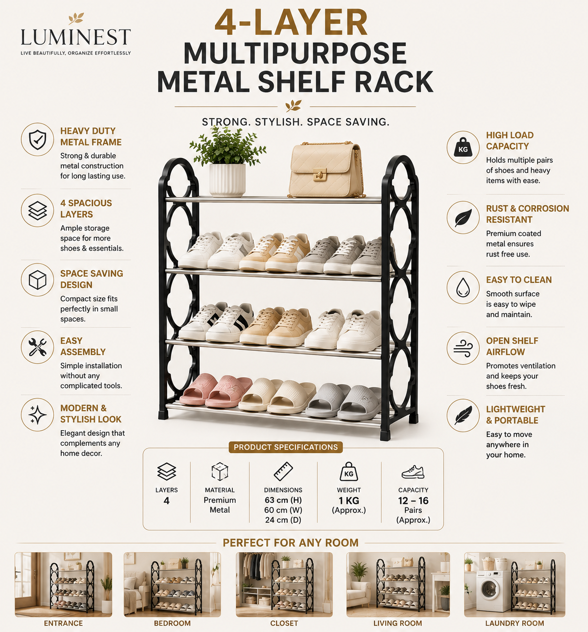 4-Tier Multipurpose Metal Storage Rack - Heavy-Duty Home Organizer