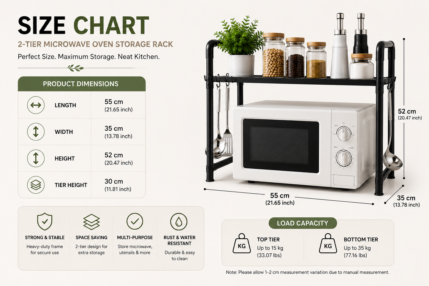 2-Tier Microwave Storage Rack | Heavy-Duty Carbon Steel Kitchen Organizer